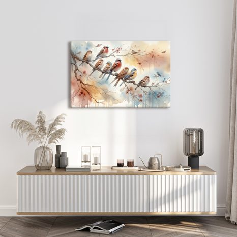 QUADRO SU TELA – STORMO DI UCCELLI SUL RAMO - QADRI DI UCCELLI - STAMPE E QUADRI