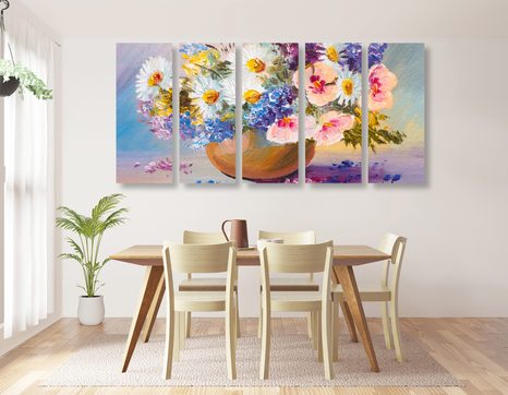 5-TEILIGES WANDBILD ÖLGEMÄLDE SOMMERBLUMEN - BILDER BLUMEN - BILDER