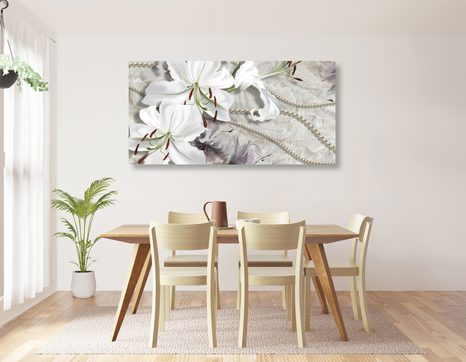 WANDBILD WEISSE LILIE MIT PERLEN - BILDER BLUMEN - BILDER