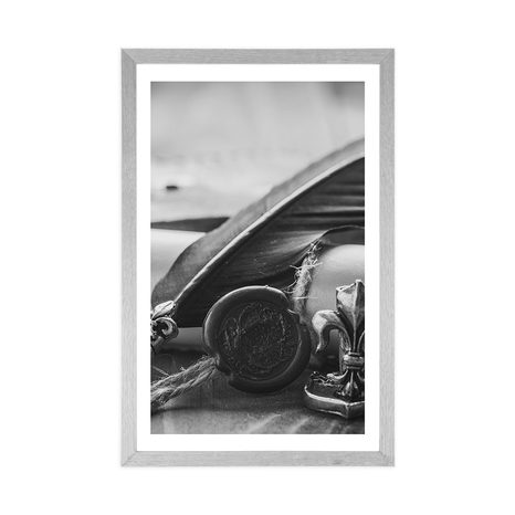 PLAKAT S PASPARTUJEM ZGODOVINSKO PERO IN PERGAMENT V ČRNOBELI VARIANTI - ČRNOBELI - PLAKATI