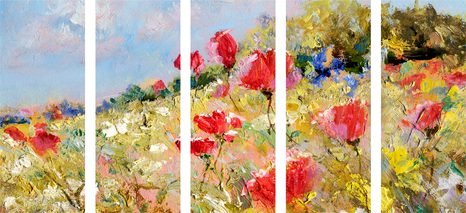 5-TEILIGES WANDBILD GEMALTE MOHNBLUMEN AUF DER WIESE - BILDER BLUMEN - BILDER