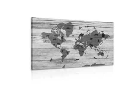 OBRAZ ČERNOBÍLÁ MAPA NA DŘEVĚNÉM PODKLADU - OBRAZY MAPY - OBRAZY