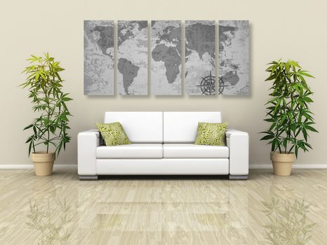 5-DÍLNÝ OBRAZ STARÁ MAPA SVĚTA S KOMPASEM V ČERNOBÍLÉM PROVEDENÍ - OBRAZY MAPY - OBRAZY