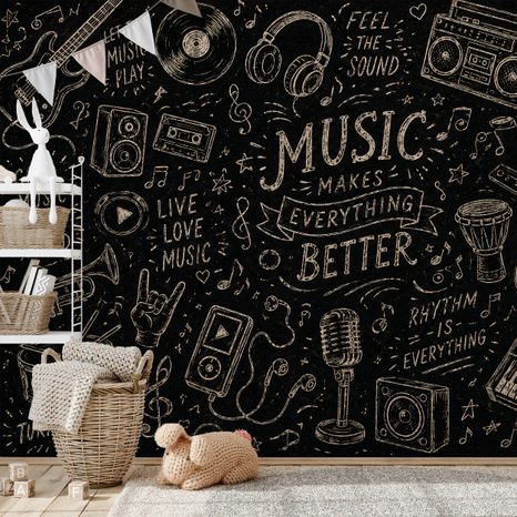 TAPETE MUSIKINSTRUMENTE UND ZITATE AUF SCHWARZ - MUSIK FOTOTAPETEN - TAPETEN