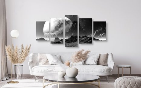 QUADRI 5 PEZZI – PAESAGGIO FANTASTICO IN BIANCO E NERO - QUADRI BIANCO E NERO - STAMPE E QUADRI