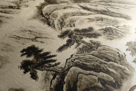 OBRAZ ČÍNSKA KRAJINOMAĽBA V SÉPIOVOM PREVEDENÍ - ČIERNOBIELE OBRAZY - OBRAZY