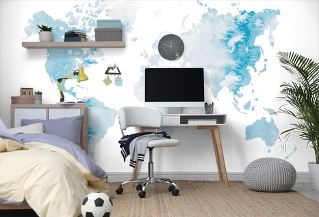 SAMOLEPÍCÍ TAPETA AKVARELOVÁ MAPA SVĚTA VE SVĚTLE MODRÉ BARVĚ - SAMOLEPÍCÍ TAPETY - TAPETY