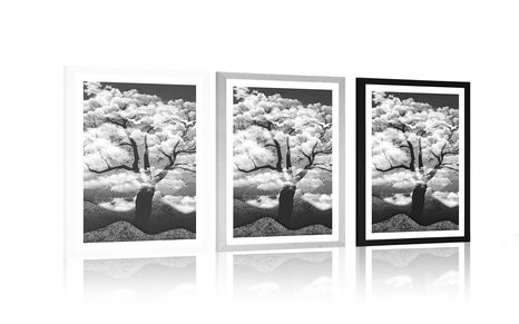 POSTER WITH MOUNT BLACK AND WHITE TREE COVERED IN CLOUDS - BLACK AND WHITE - POSTERS