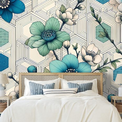 TAPETA MODRÉ KVĚTY S GEOMETRICKÝM POZADÍM - TAPETY KVĚTINY - TAPETY