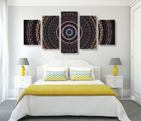 5-DELNA SLIKA MANDALA Z VZORCEM SONCA V VIJOLIČNIH ODTENKIH - SLIKE FENG SHUI - SLIKE