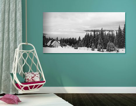 SLIKA KOČA V ZASNEŽENI NARAVI V ČRNOBELI IZVEDBI - ČRNOBELE SLIKE - SLIKE