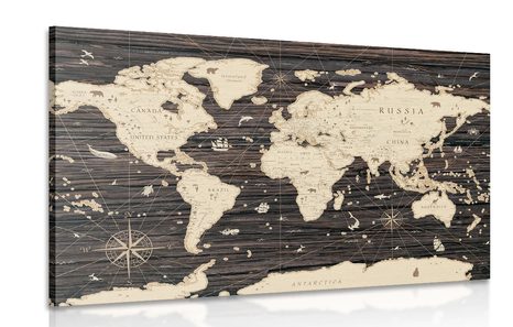 CANVAS PRINT MAP ON A WOODEN BACKGROUND - PICTURES OF MAPS - PICTURES