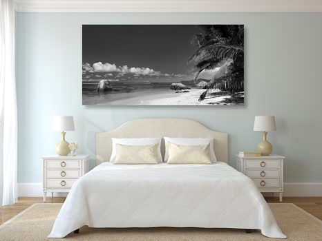 OBRAZ PLÁŽ ANSE SOURCE V ČERNOBÍLÉM PROVEDENÍ - ČERNOBÍLÉ OBRAZY - OBRAZY