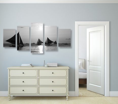 5-TEILIGES WANDBILD SCHÖNER SONNENUNTERGANG AM MEER IN SCHWARZ-WEISS - SCHWARZ-WEISSE BILDER - BILDER