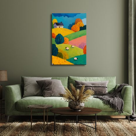 WANDBILD BUNTE HÜGEL MIT HAUS - WANDBILDER FELDER UND WIESEN - BILDER