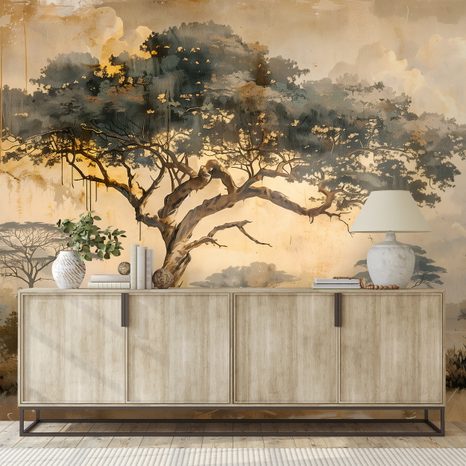 TAPET AUTOADEZIV SAVANA AFRICANĂ ÎN TONURI CALDE - TAPET COPACI - TAPETURI