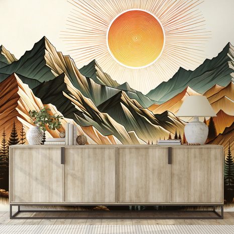 SAMOLEPÍCÍ TAPETA HORSKÁ KRAJINA S VYCHÁZEJÍCÍM SLUNCEM - TAPETY VÝCHOD A ZÁPAD SLUNCE - TAPETY