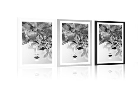 PLAKÁT S PASPARTOU MÓDNÍ ŽENSKÁ TVÁŘ S ABSTRAKTNÍMI PRVKY V ČERNOBÍLÉM PROVEDENÍ - ČERNOBÍLÉ - PLAKÁTY