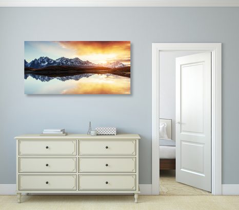 OBRAZ OSLNIVÝ ZÁPAD SLUNCE NAD HORSKÝM JEZEREM - OBRAZY PŘÍRODY A KRAJINY - OBRAZY