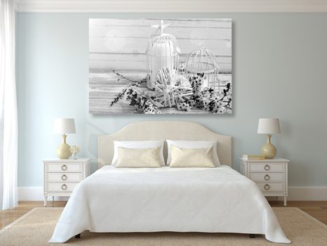 OBRAZ ČEREŠŇOVÁ VETVIČKA A LUCERNIČKY V ČIERNOBIELOM PREVEDENÍ - ČIERNOBIELE OBRAZY - OBRAZY