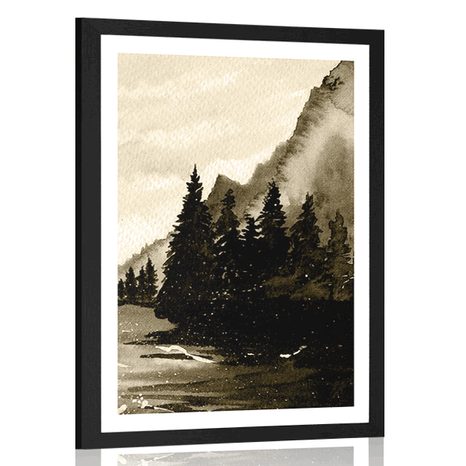 POSTER MIT PASSEPARTOUT GEMALTE WINTERLANDSCHAFT IN SEPIA - SCHWARZ-WEISS - POSTER