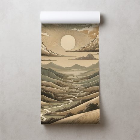 TAPETA VINTAGE KRAJINA S HORAMI A SLUNCEM - TAPETY HORY - TAPETY