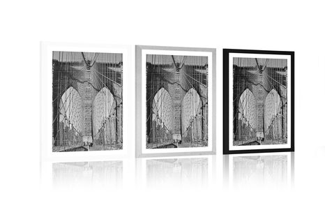 PLAKAT S PASPARTUOM MOST MANHATTAN U NEW YORKU U CRNO-BIJELOM DIZAJNU - CRNO-BIJELE - PLAKATI