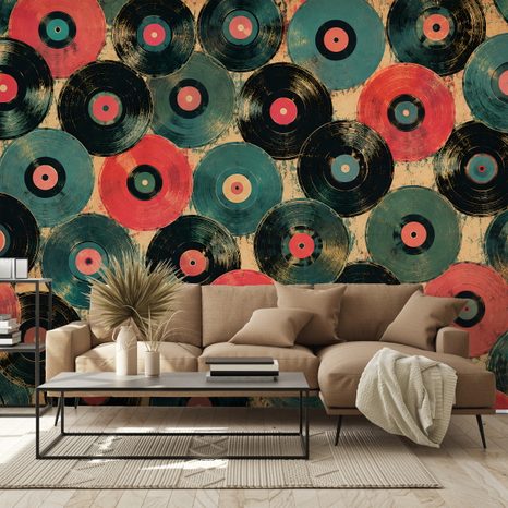 TAPETE RETRO SCHALLPLATTEN IN FARBEN - MUSIK FOTOTAPETEN - TAPETEN