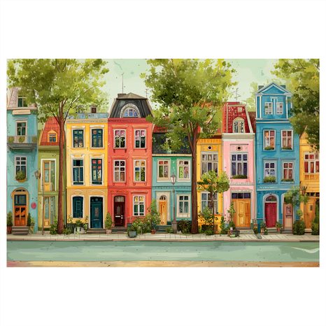 WANDBILD BUNTE HÄUSER MIT ALLEE - BUNTE HÄUSER - BILDER