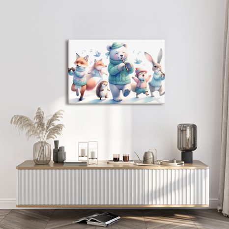 WANDBILD MUSIKALISCHE TIERPARADE IN WINTERLANDSCHAFT - KINDERBILDER TIERE - BILDER