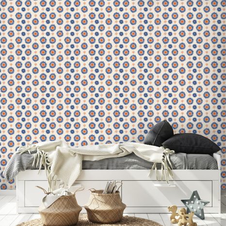 TAPETA ORANŽOVO-MODRÉ KVĚTINOVÉ KRUHY - VZOROVANÉ TAPETY - TAPETY