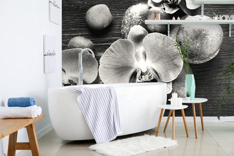 FOTOTAPETA ČERNOBÍLÁ ORCHIDEJ A KAMENY - ČERNOBÍLÉ TAPETY - TAPETY