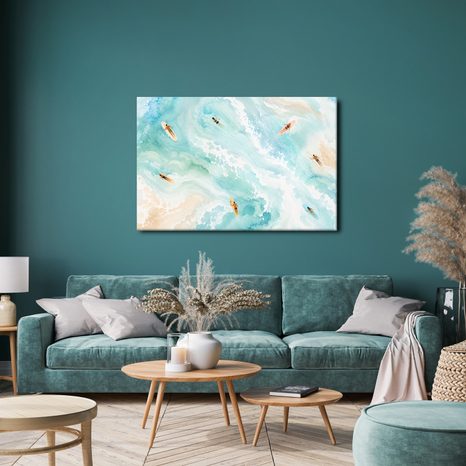 WANDBILD SURFER AUF TÜRKISFARBENEN WELLEN - BILDER MEER UND STRAND - BILDER