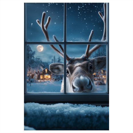 VÁNOČNÍ OBRAZ ROZTOMILÝ SOB ZA ZASNĚŽENÝM OKNEM - VÁNOČNÍ A ZIMNÍ OBRAZY - PICTURES