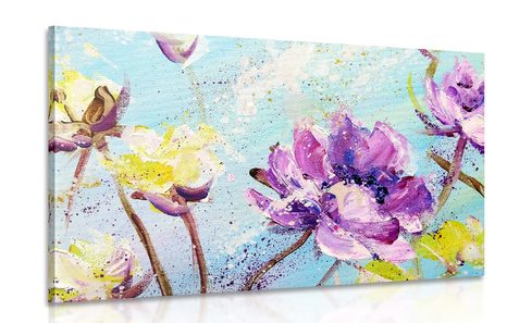 WANDBILD GEMALTE LILA UND GELBE BLUMEN - BILDER BLUMEN - BILDER