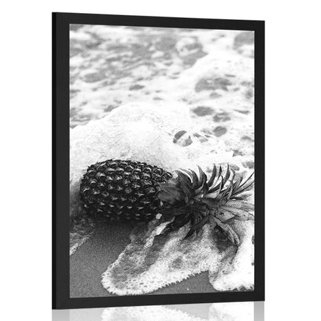 POSTER ANANAS ÎN VALUL OCEANIC ÎN DESIGN ALB-NEGRU - ALB-NEGRU - POSTERE