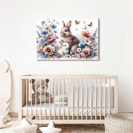 WANDBILD KANINCHEN IM BLÜHENDEN FRÜHLINGSGARTEN - KINDERBILDER TIERE - BILDER