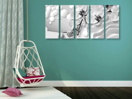 TABLOU 5-PIESE ORHIDEE ÎN ALB-NEGRU PE UN FUNDAL ABSTRACT - TABLOURI ALB-NEGRU - TABLOURI