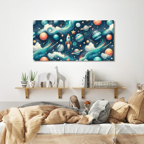 WANDBILD RAKETE UND PLANETEN IM WELTRAUM - KINDERBILDER WELTRAUM - BILDER