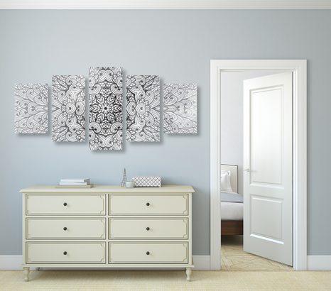 5 RÉSZES KÉP ETNIKUS MANDALA FEKETE FEHÉRBEN - FEKETE-FEHÉR KÉPEK - KÉPEK