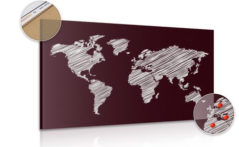 PICTURE ON CORK HATCHED WORLD MAP ON BURGUNDY BACKGROUND
