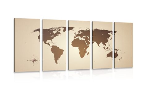 5-PIECE CANVAS PRINT WORLD MAP IN SHADES OF BROWN - PICTURES OF MAPS - PICTURES