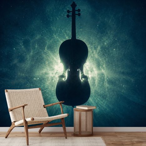 SAMOLEPILNA FOTOTAPETA VIOLONČELO V KOZMIČNI SVETLOBI - GLASBENE FOTOTAPETE - TAPETE