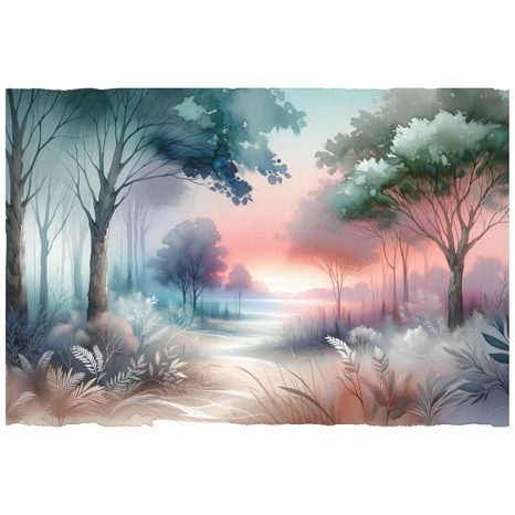 SAMOLEPÍCÍ TAPETA PASTELOVÁ LESNÍ KRAJINA PŘI ZÁPADU SLUNCE - TAPETY LES - TAPETY