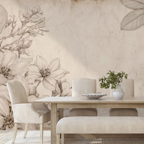 ZELFKLEVEND FOTOBEHANG VINTAGE BLOEMENILLUSTRATIES OP BEIGE ACHTERGROND - FOTOBEHANG BLOEMEN - FOTOBEHANG