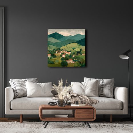 WANDBILD GRÜNE HÜGEL UND HÄUSER - BUNTE HÄUSER - BILDER