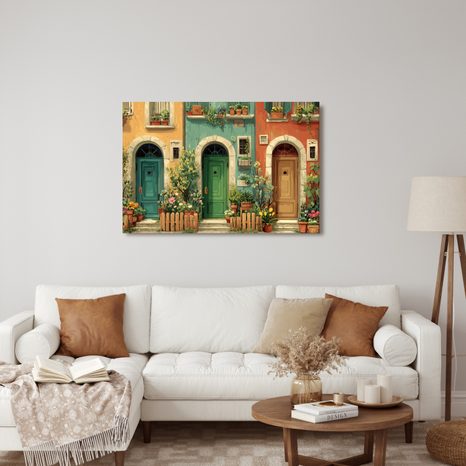 OBRAZ MALEBNÁ ULIČKA S KVĚTINAMI - BAREVNÉ DOMY - OBRAZY