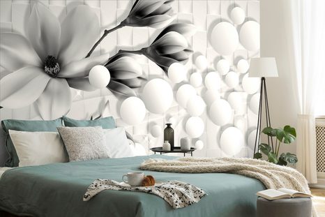 CARTA DA PARATI – MAGNOLIA IN BIANCO E NERO CON ELEMENTI ASTRATTI - CARTA DA PARATI BIANCO E NERO - CARTA DA PARATI