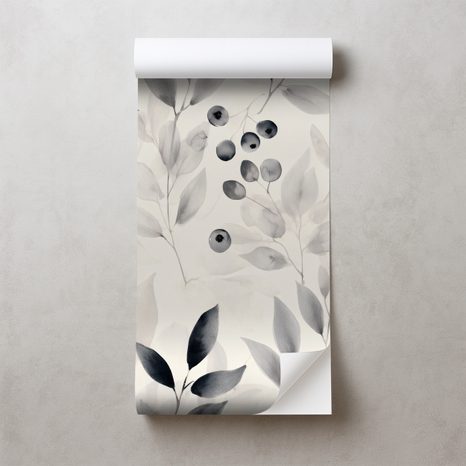SAMOLEPIACA TAPETA ČIERNOBIELE AKVARELOVÉ LISTY A BOBULE - TAPETY LISTY - TAPETY