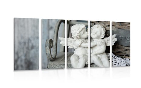 5-PIECE CANVAS PRINT STATUES OF ANGELS ON A BENCH - PICTURES OF ANGELS - PICTURES